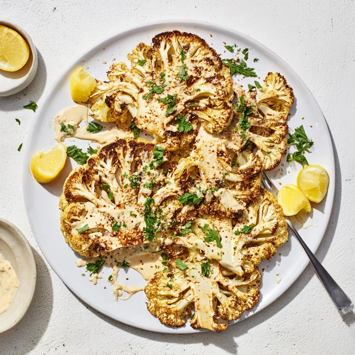 Perfectly roasted cabbage steaks with tahini, garnished with fresh parsley and sesame seeds, served with lemon wedges.