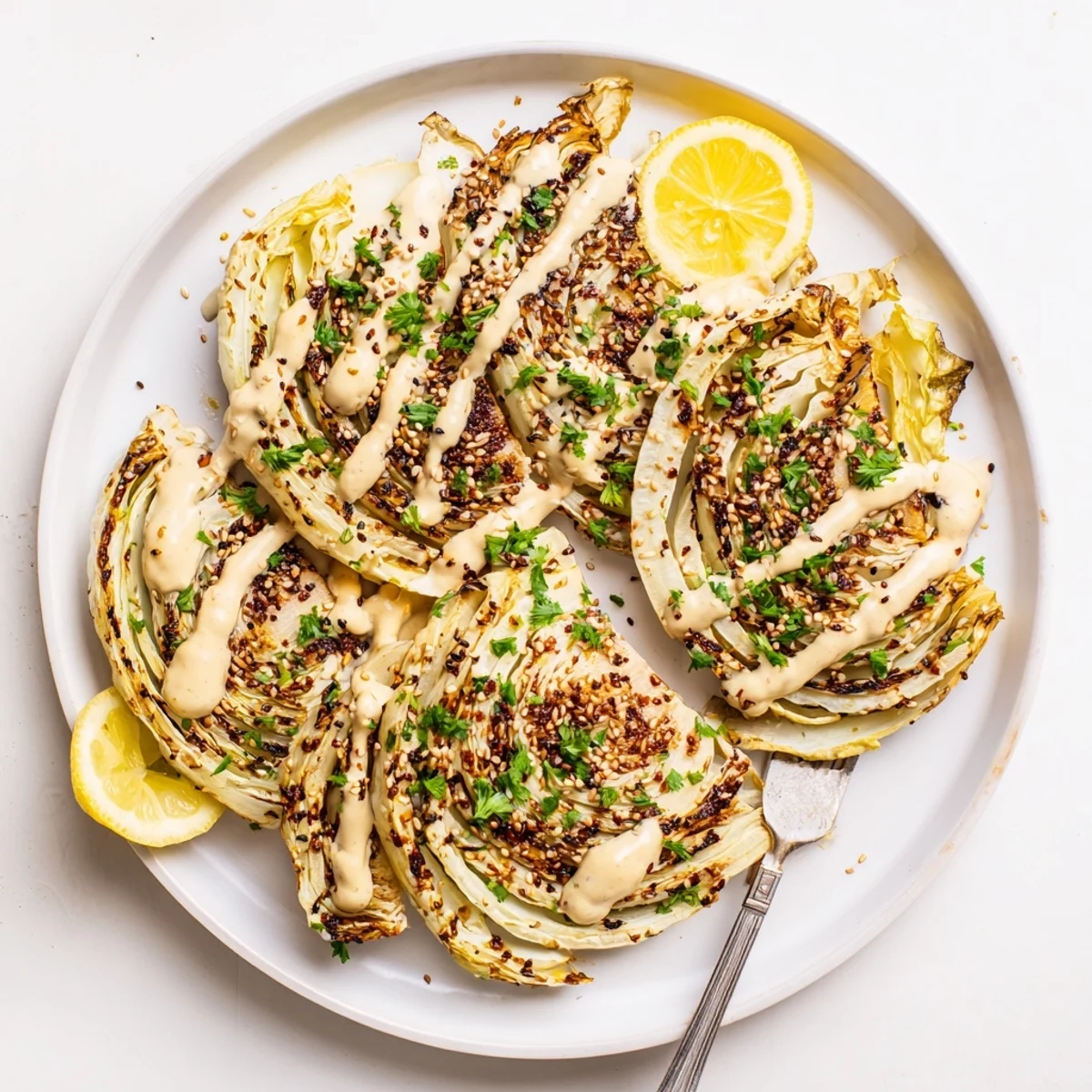 A close-up of Roasted Cabbage Steaks With Tahini, highlighting caramelized edges and velvety drizzle on a minimalist plate.
