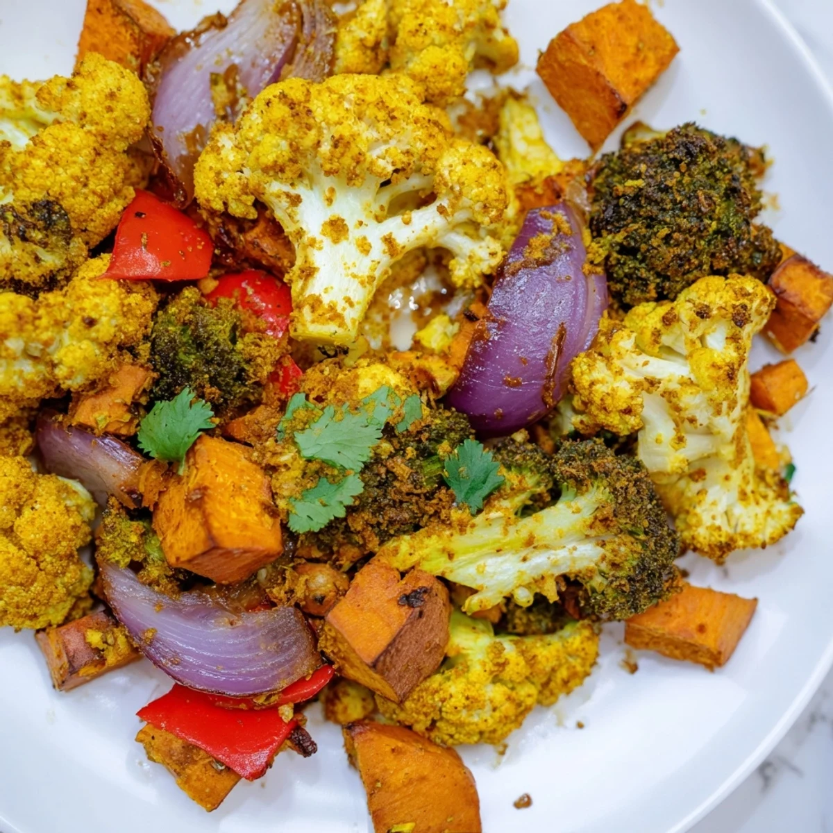 Freshly roasted Anti-Inflammatory Turmeric Roasted Vegetables featuring golden cauliflower, broccoli, and sweet potatoes from the oven.  