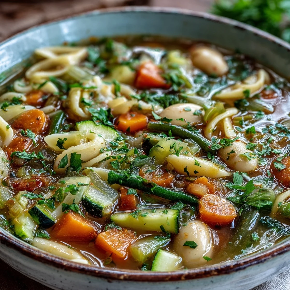 Homemade Vegetable Minestrone Variations simmering in a pot, featuring zucchini, carrots, and tomatoes in rich vegetable broth.