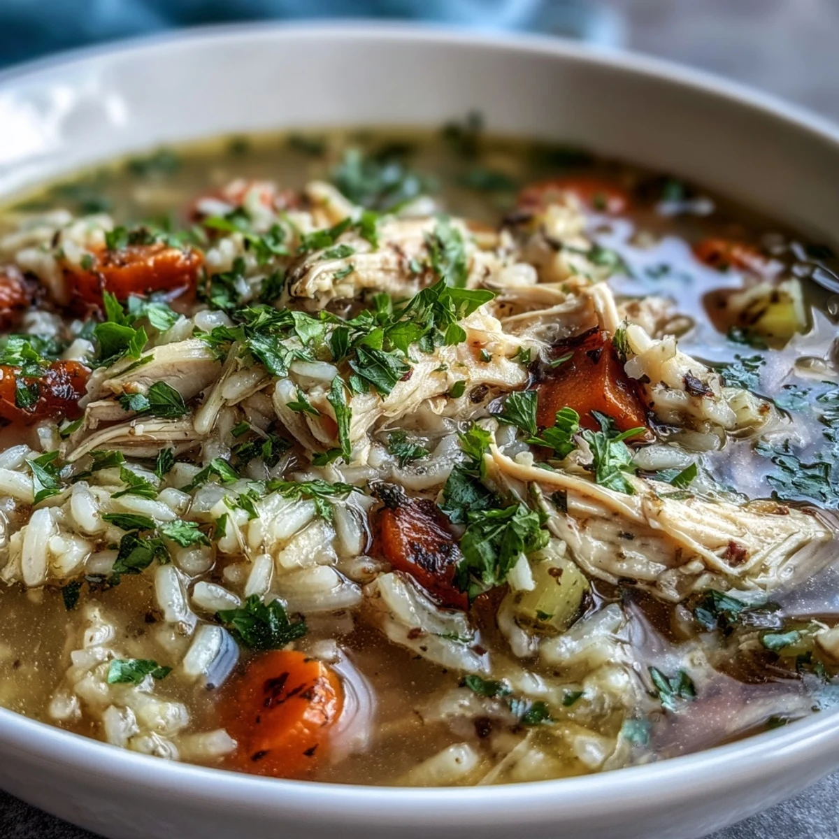A steaming bowl of Cozy Winter Chicken and Rice Soup garnished with fresh parsley and lemon slices.