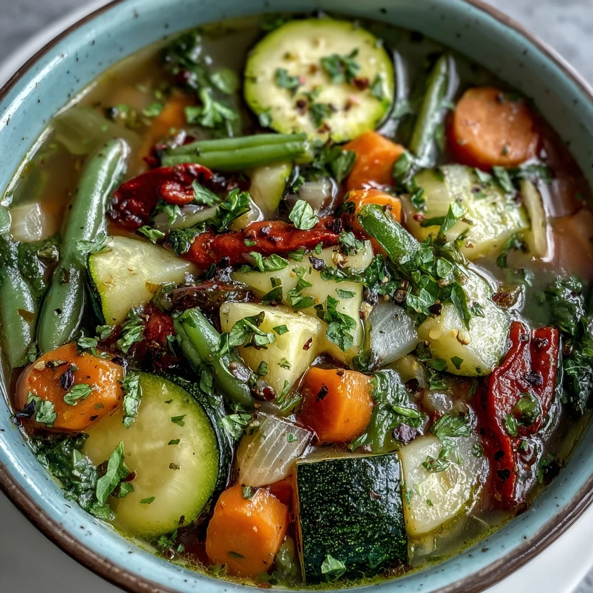 A steaming bowl of Italian Herb Vegetable Soup, brimming with colorful vegetables and topped with fresh parsley. 