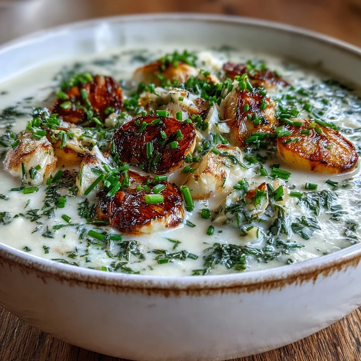 Creamy roasted garlic and herb soup garnished with fresh chives in a rustic bowl, ready to serve with crusty bread for dipping.