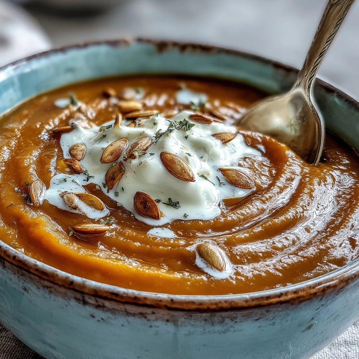 Creamy pumpkin soup simmering with warm spices, topped with toasted seeds and a swirl of rich cream.