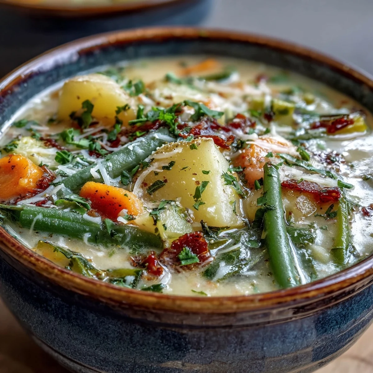 Steaming bowl of Parmesan Veggie Soup topped with fresh parsley and a generous sprinkle of grated cheese.