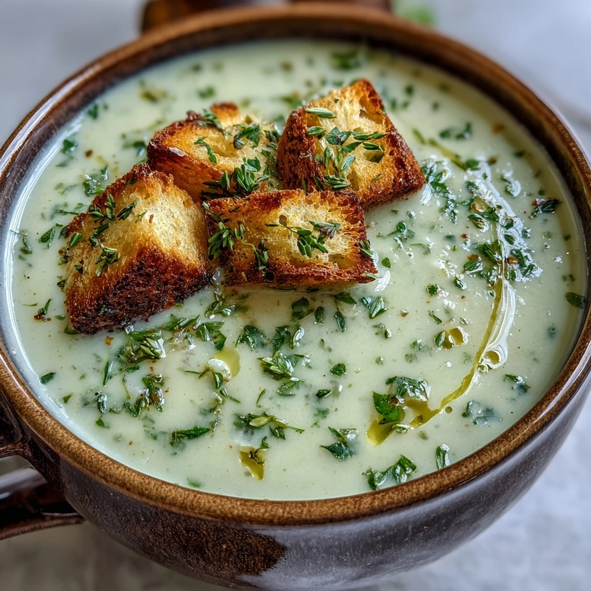 Golden potatoes and mellow garlic simmered in herb-infused broth for this comforting Garlic and Herb Soup.