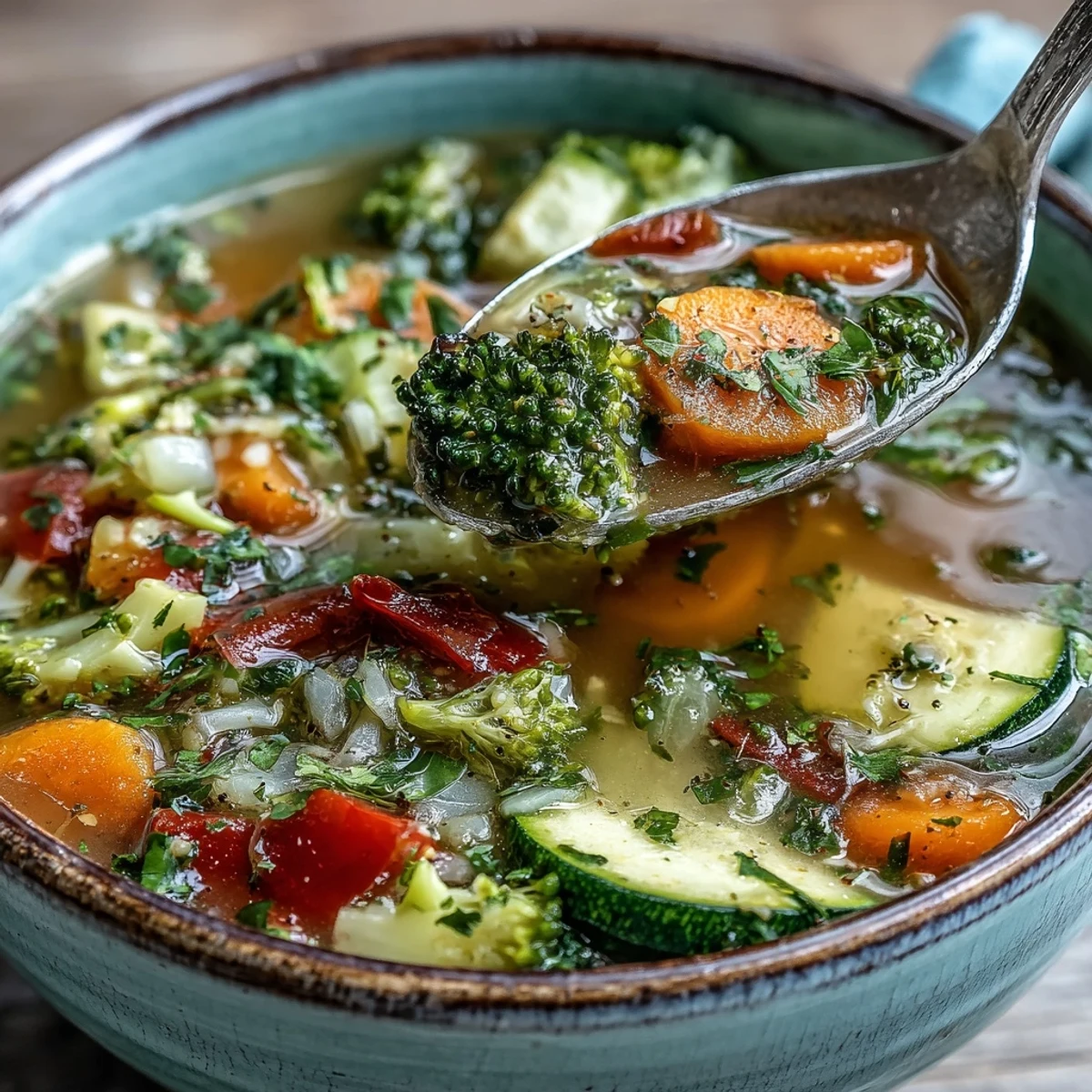 A ladle pours hot Ginger Vegetable Soup from a large pot, showcasing tender zucchini, celery, and rich vegetable broth.