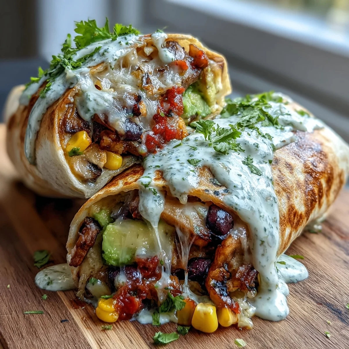 Two hearty veggie burritos on a plate topped with sour cream and salsa beside lime wedges and cilantro.
