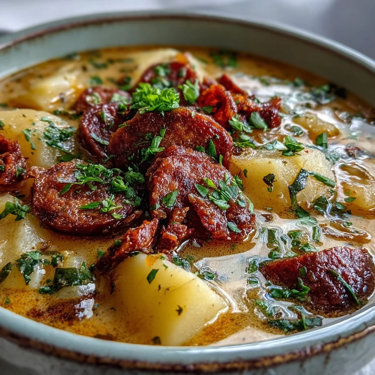 A pot of simmering Potato, Leek and Chorizo Soup featuring tender potatoes, soft leeks, and smoky chorizo slices.