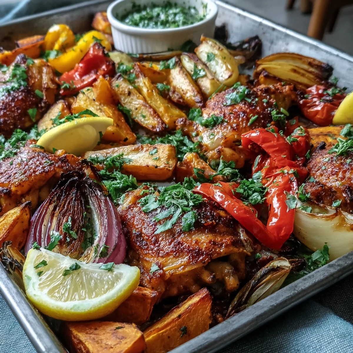 Roasted bone-in chicken thighs with sweet potato chunks, bell peppers, and cherry tomatoes in a Chicken and Sweet Potato Traybake.