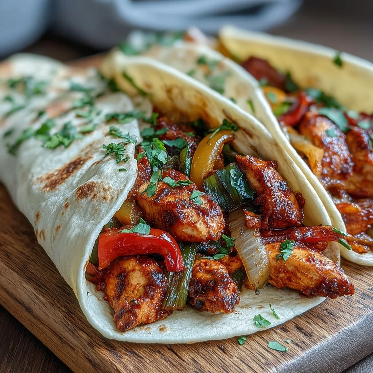 Juicy sliced chicken and vibrant bell peppers for Easy Chicken Fajitas, garnished with fresh cilantro and lime wedges.