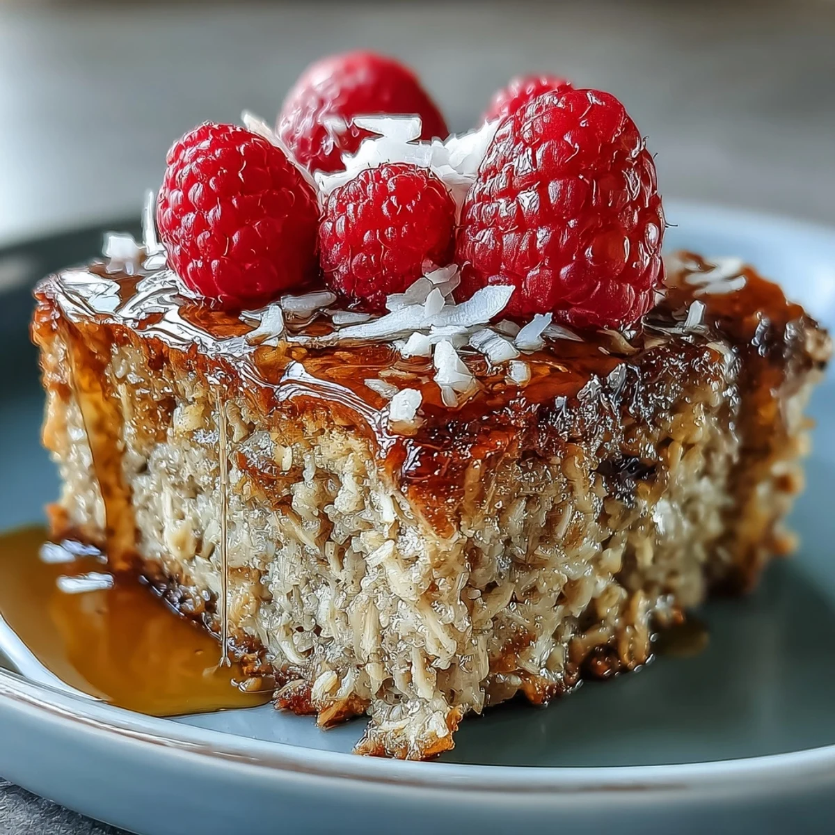 A slice of warm Baked Oatmeal with Raspberry and Coconut is lifted from the pan, revealing a soft, golden texture and a double berry layer of fresh and baked raspberries. The topping features light golden, toasted coconut flakes and optional chopped walnuts, adding crunch and nutty aroma to the wholesome breakfast. Perfect for a cozy, plant-based morning meal served on a rustic kitchen table.