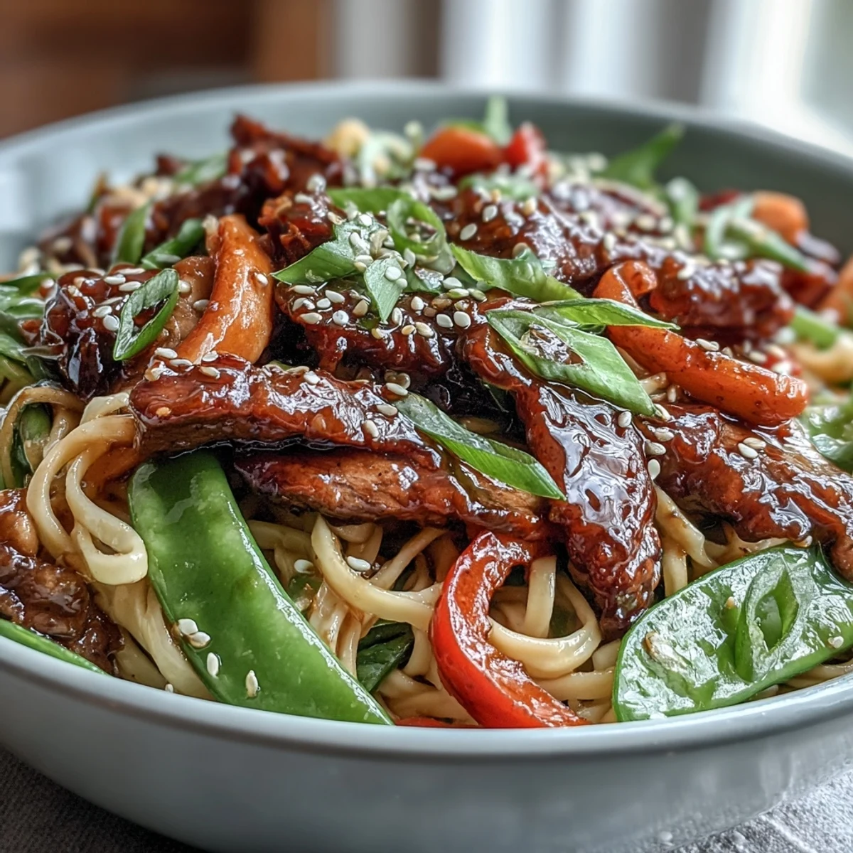 Steaming plate of Pork Noodle Stir-Fry garnished with sesame seeds and green onions, served alongside a light lager for a complete meal.