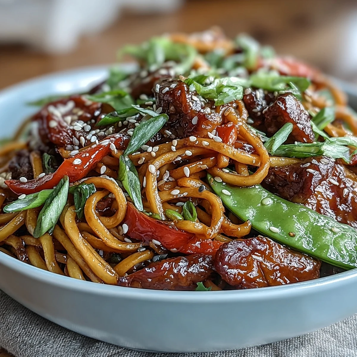 Close-up of Pork Noodle Stir-Fry highlighting juicy pork, crunchy sugar snap peas, and vibrant carrots coated in rich, glossy Asian-inspired sauce.