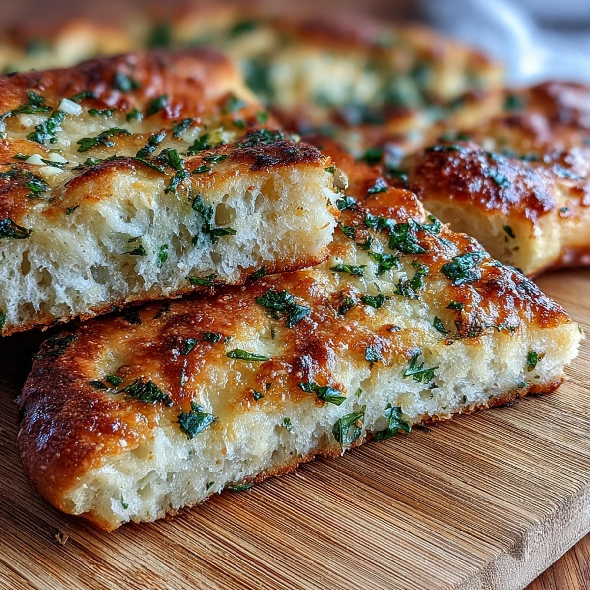 Freshly baked Best Easy Garlic Naan Bread brushed with melted butter and minced garlic on a wooden board. 
