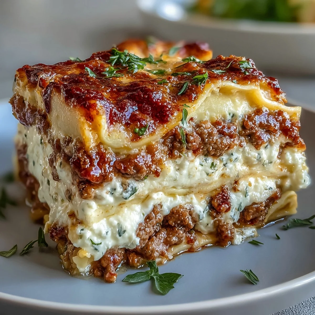 The Worlds Best Lasagna rests before serving, with fresh basil garnish, ideal for cozy dinners and family gatherings.