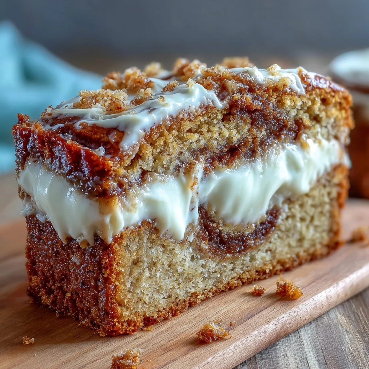 Freshly baked Cream Cheese Cinnamon Swirl Banana Bread slices rest on a rustic wooden board, showcasing a moist crumb with visible cinnamon specks.