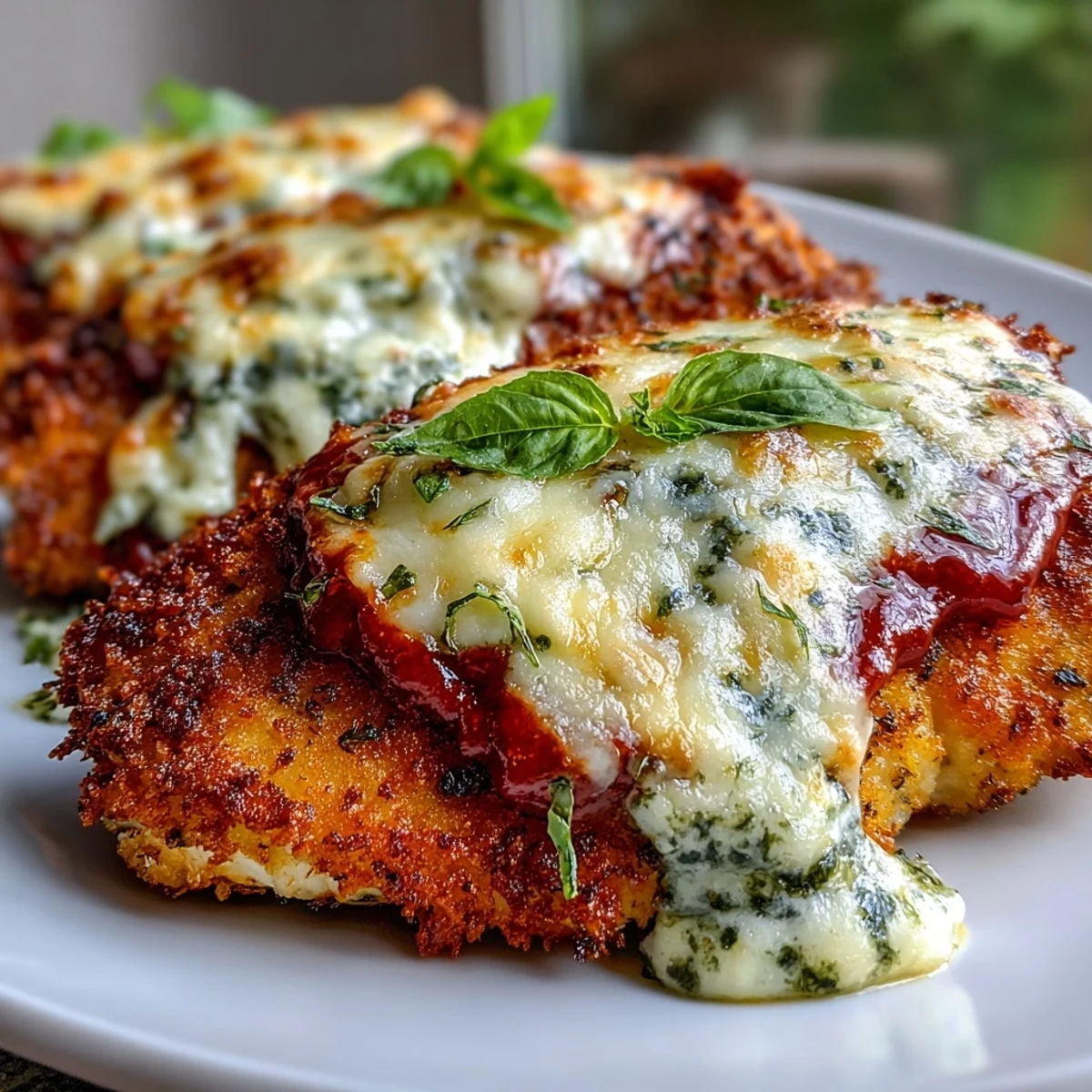 Golden-brown Pesto Chicken Parmesan baking in a dish with melted mozzarella and Parmesan cheese bubbling on top.