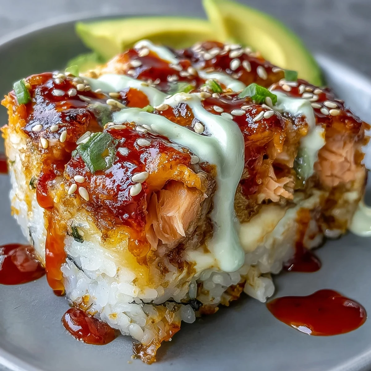 Hot, bubbly Spicy Salmon Sushi Bake scooped from the casserole dish, layered with seasoned rice and spicy salmon.