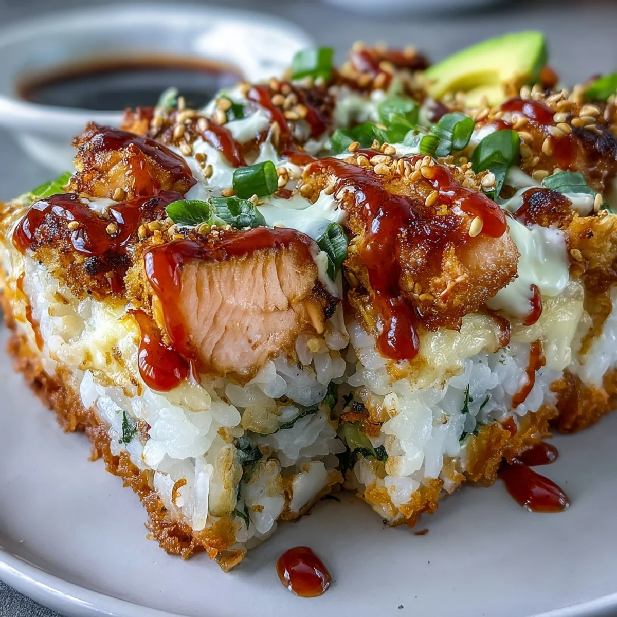 Ready-to-serve Spicy Salmon Sushi Bake in a baking dish, featuring savory layers and a side of crispy seaweed snacks.