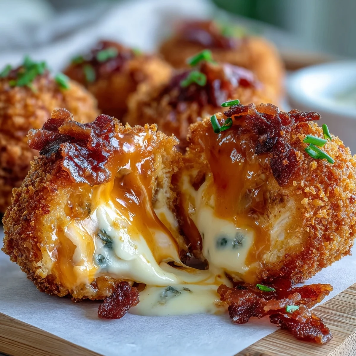 Buffalo Chicken Bacon Mozzarella Bombs are served hot with a side of creamy ranch dip, perfect for a game-day appetizer.