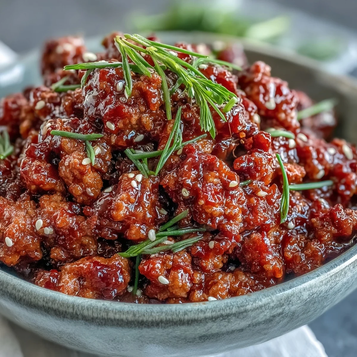 Quick-prep Korean-Style Ground Turkey cooked in a skillet, ready to serve with colorful steamed vegetables.