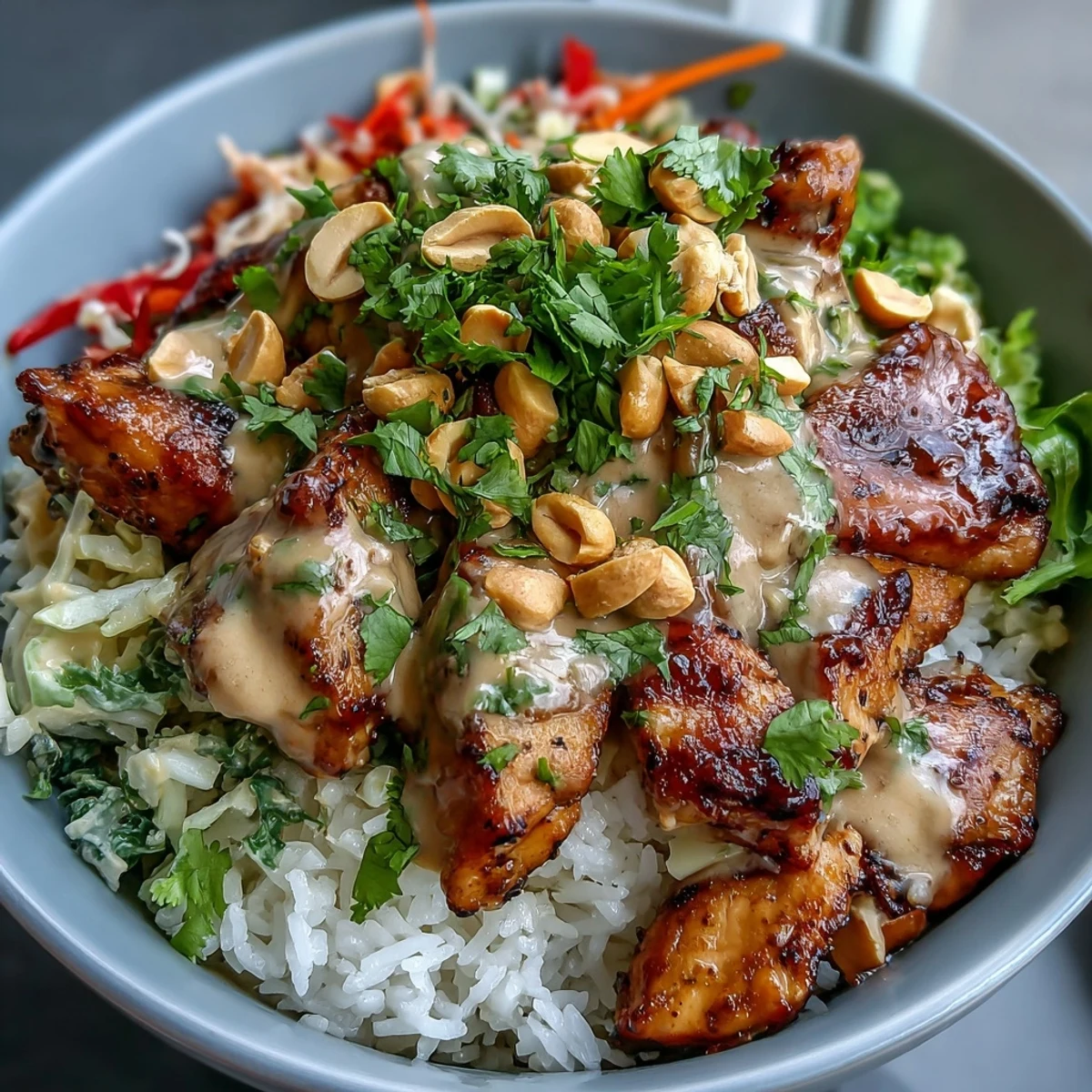 Savory Peanut Chicken Protein Bowl featuring tender chicken, vibrant fresh toppings, and a drizzle of peanut sauce over fragrant rice.