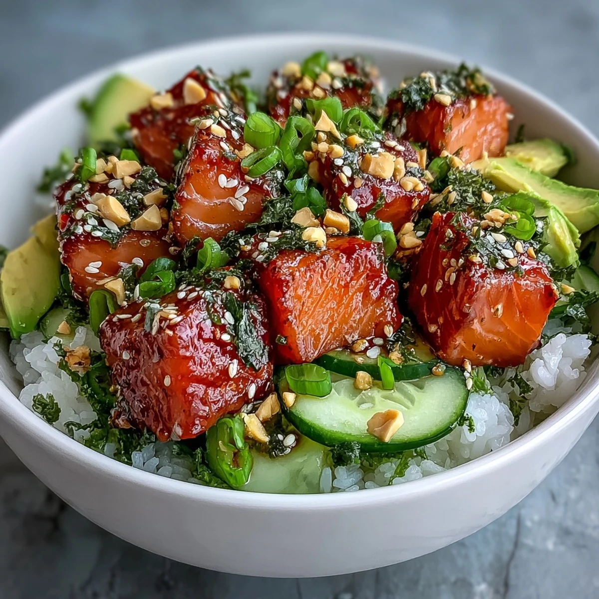 Freshly seared salmon sits atop fluffy sushi rice in this vibrant Avocado Salmon Bowl, garnished with sliced avocado, cucumber, and a drizzle of chili oil.