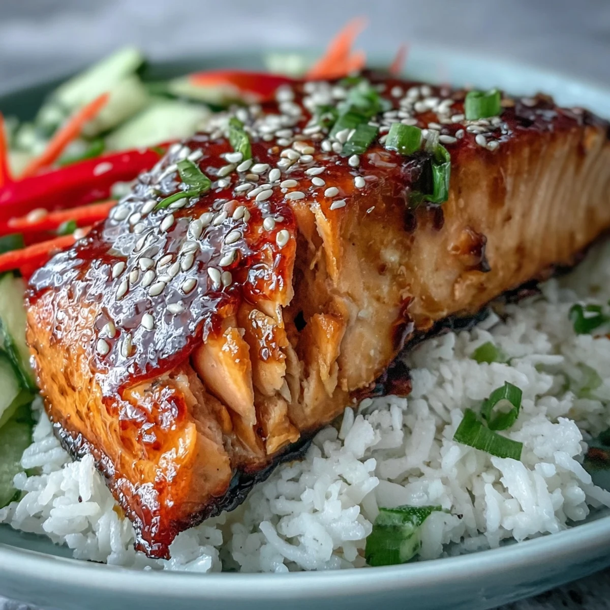 Flaky soy-ginger glazed salmon nestled over fluffy jasmine rice with crisp julienned vegetables, a perfect healthy bowl.