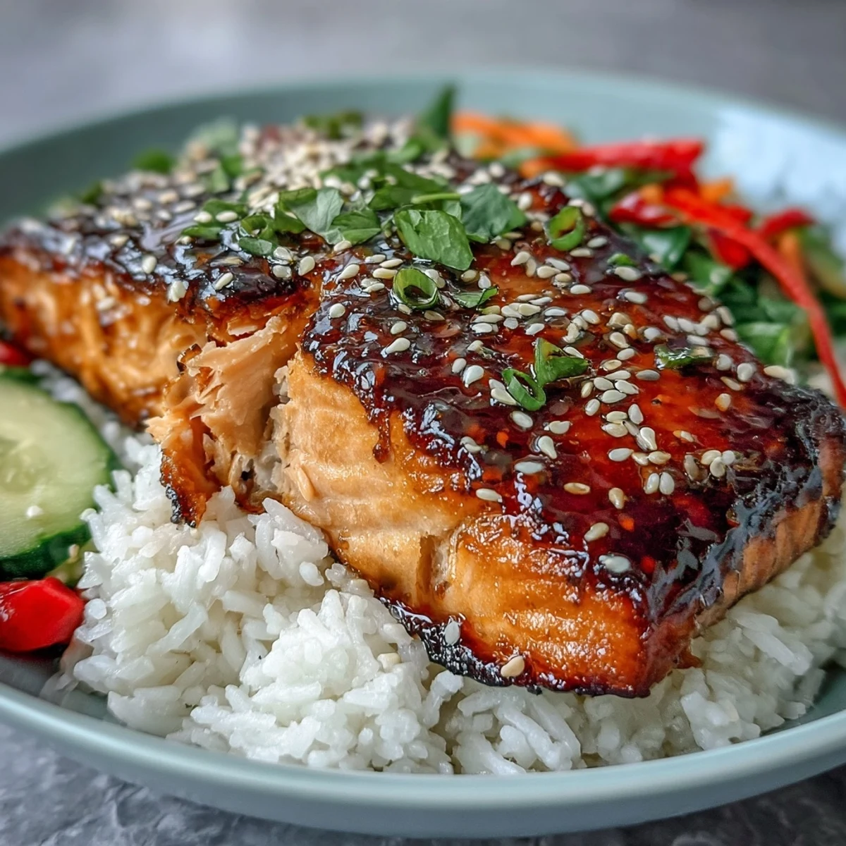 An Asian-inspired salmon bowl features tender fish, crunchy veggies, and a sweet-savory drizzle, ready for a quick dinner.