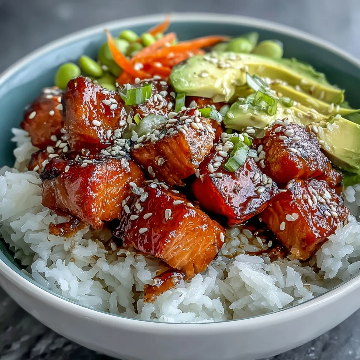 Golden-brown baked salmon cubes on fluffy rice with crisp cucumber, carrots, and avocado slices in a bowl.