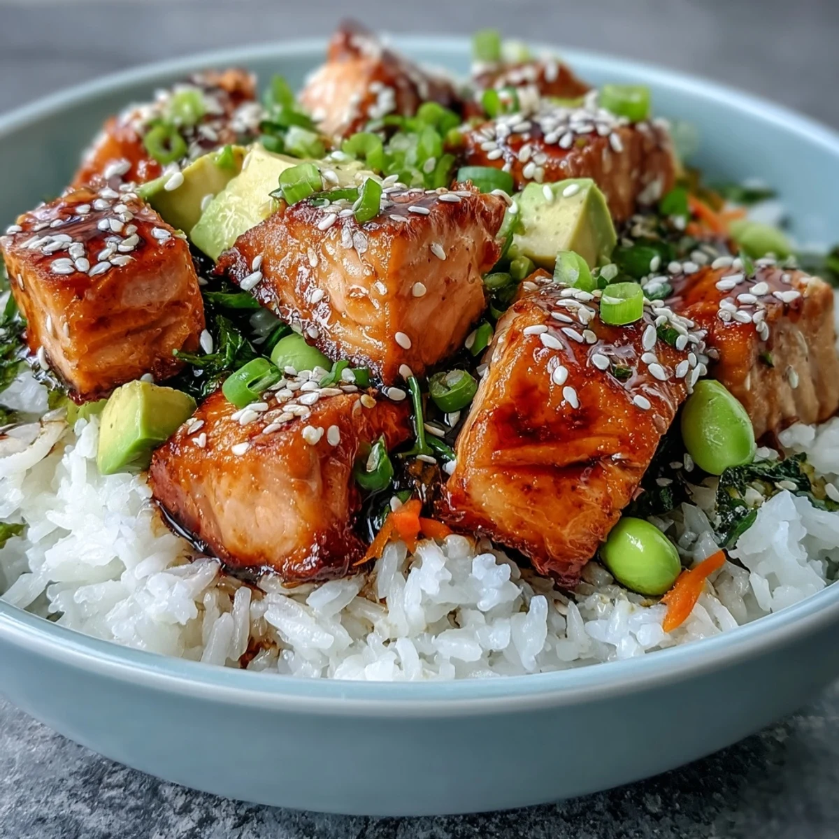 Vibrant Baked Salmon Rice Bowl with fresh vegetables, sesame seeds, and sriracha mayo drizzle, ready to serve.
