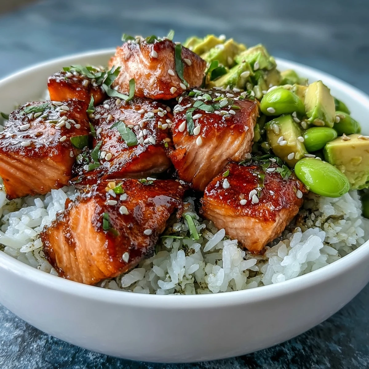 Healthy Baked Salmon Rice Bowl featuring broiled salmon, steamed rice, avocado, and colorful veggies for weeknight dinner.