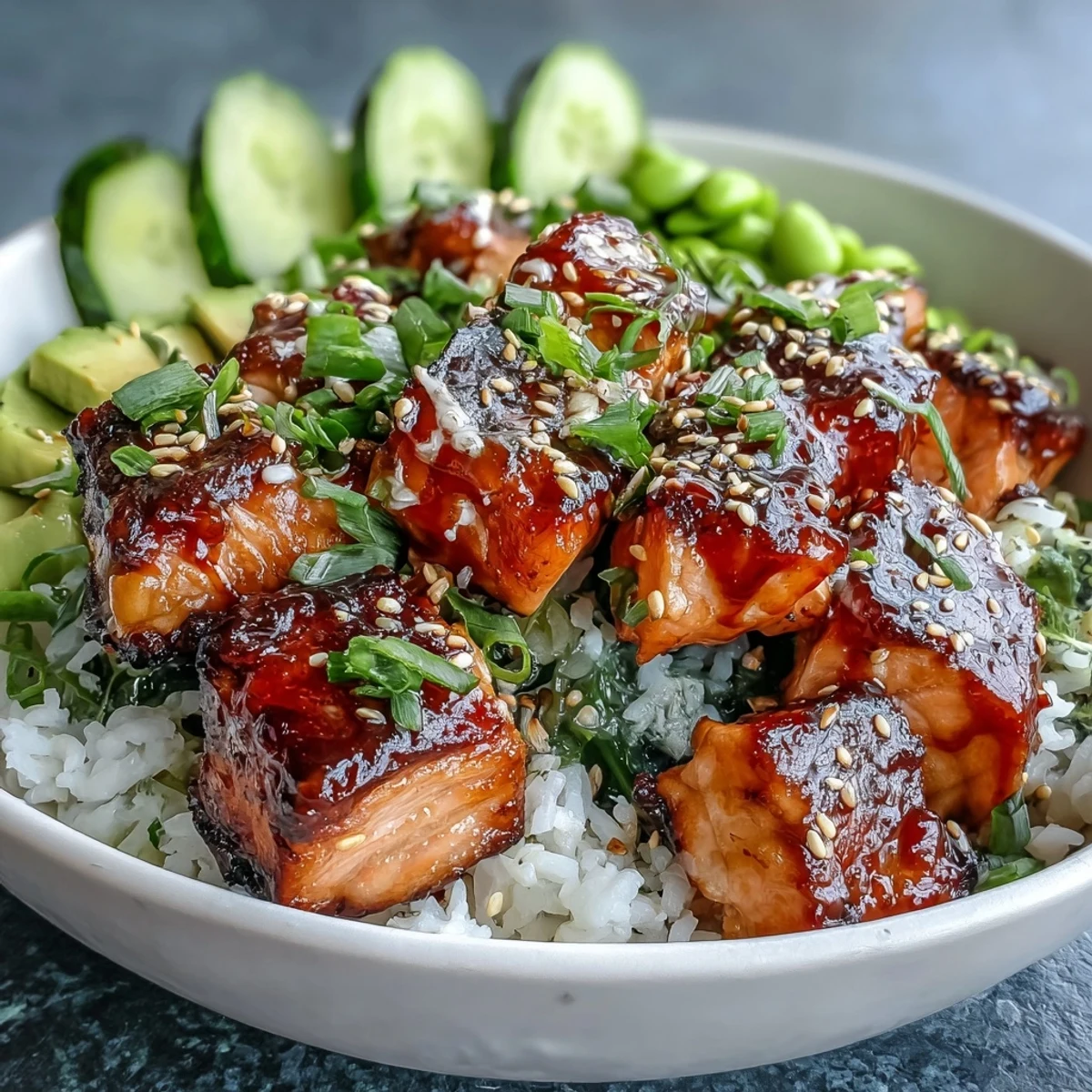 Baked salmon cubes over fluffy jasmine rice with edamame, cucumber, and avocado, drizzled with spicy sriracha mayo.