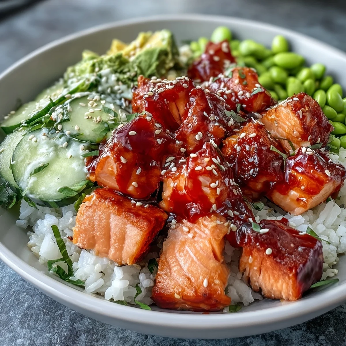 Healthy salmon rice bowl with jasmine rice, edamame, cucumber, avocado, and a spicy sriracha mayo drizzle.