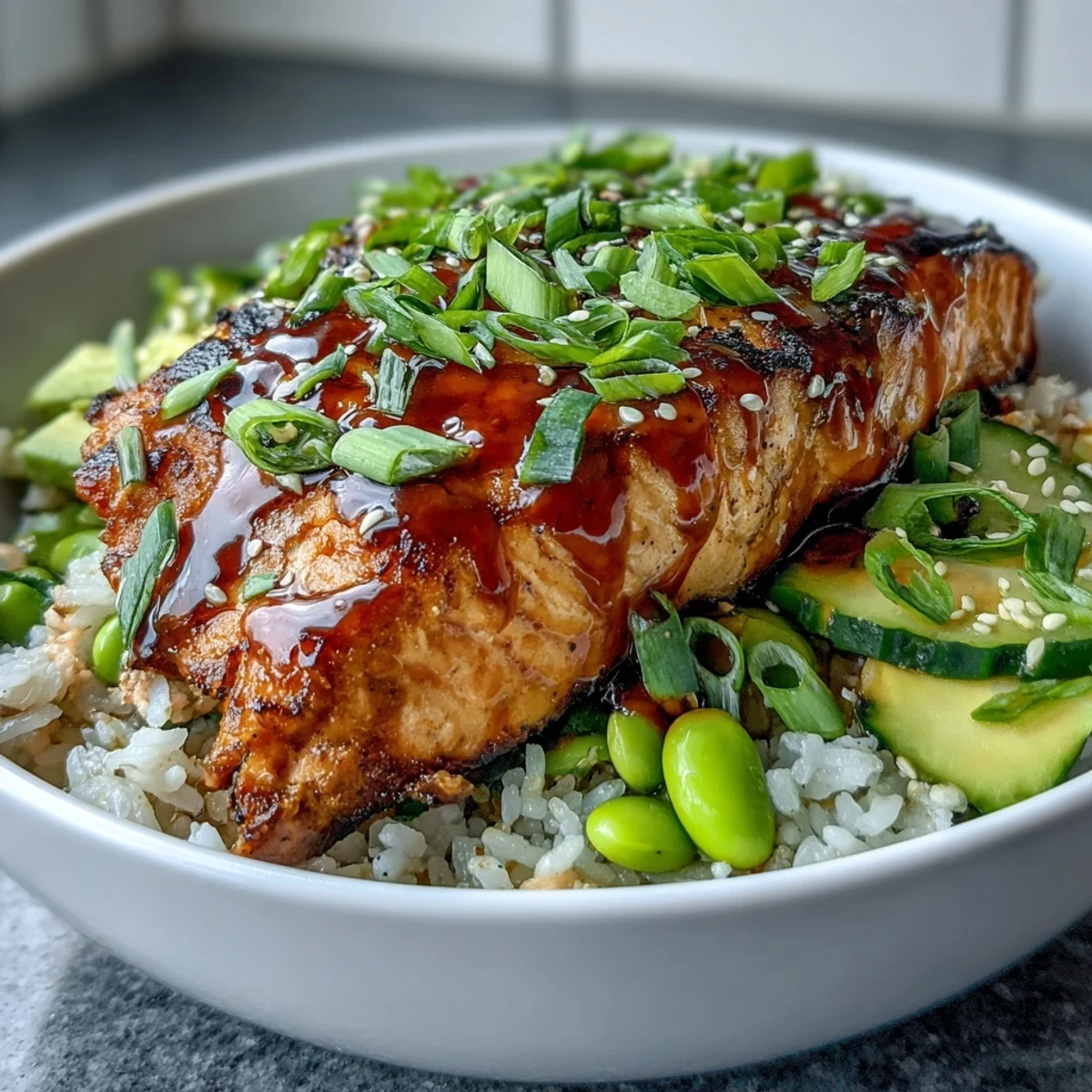 Golden-brown salmon fillets glazed in honey sriracha sauce sit atop fluffy jasmine rice with crisp cucumber, edamame, and creamy avocado slices in this vibrant bowl.