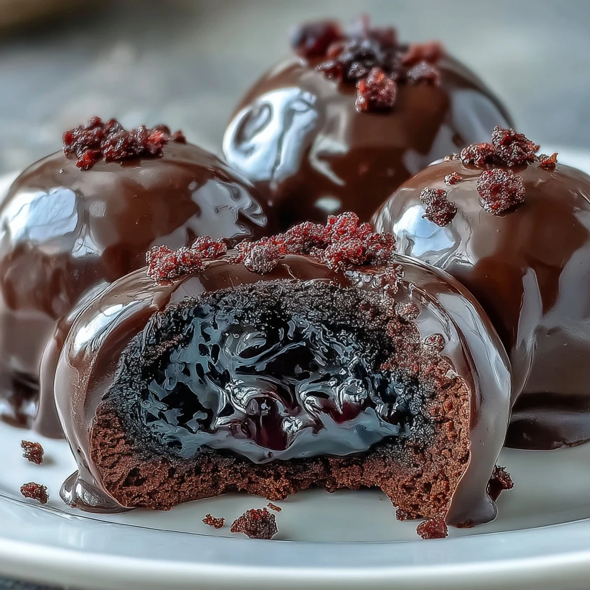 Inside view of Black Currant Chocolate Truffles revealing the vibrant purple fruit filling, paired with a glass of ruby port.