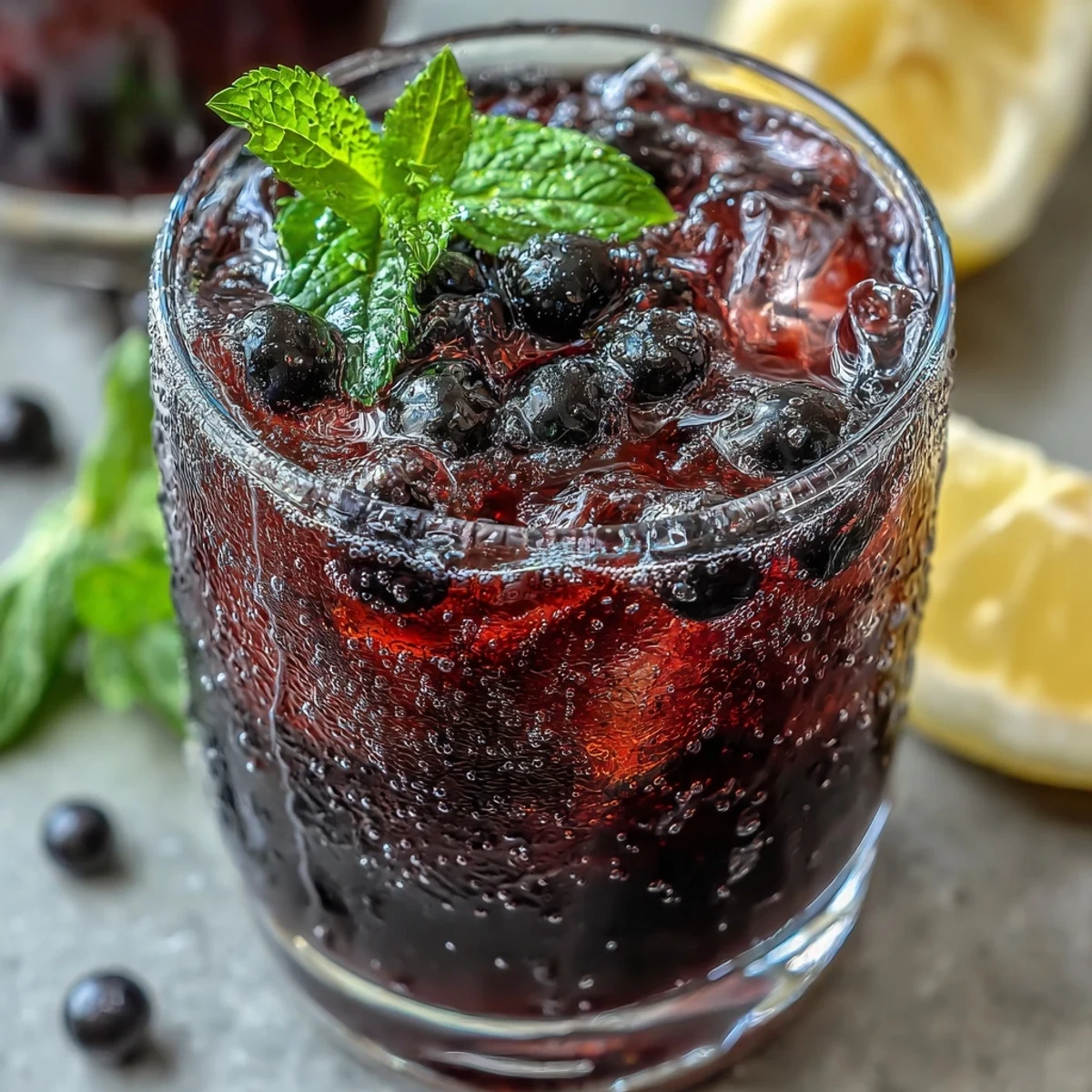 A creamy smoothie blend featuring frozen black currants, banana, and plant-based milk, highlighting the rich color of the Black Currant It Berry Celebration Drink.