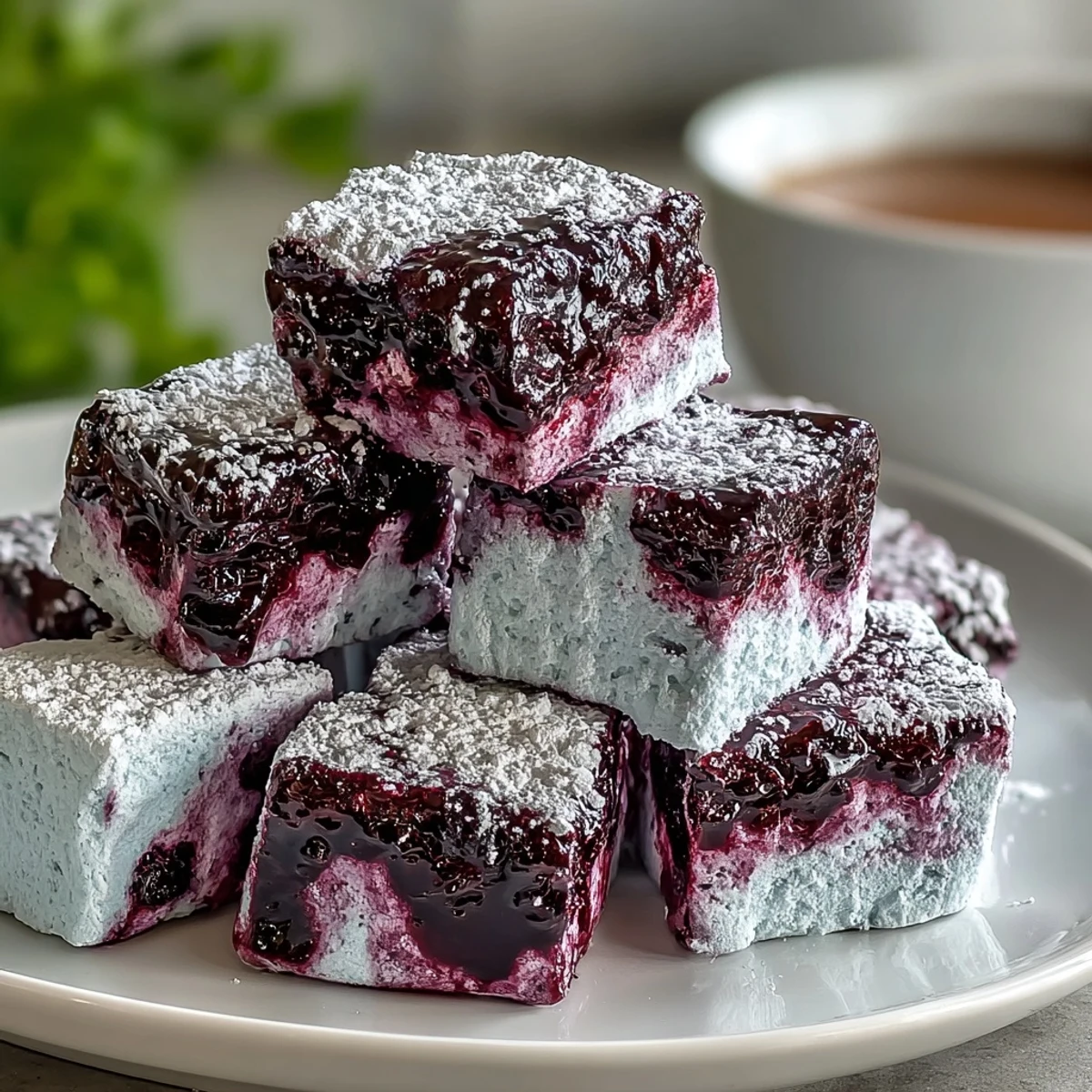 Homemade Black Currant Marshmallows arranged neatly on a plate, ready to be dropped into a steaming cup of hot cocoa.