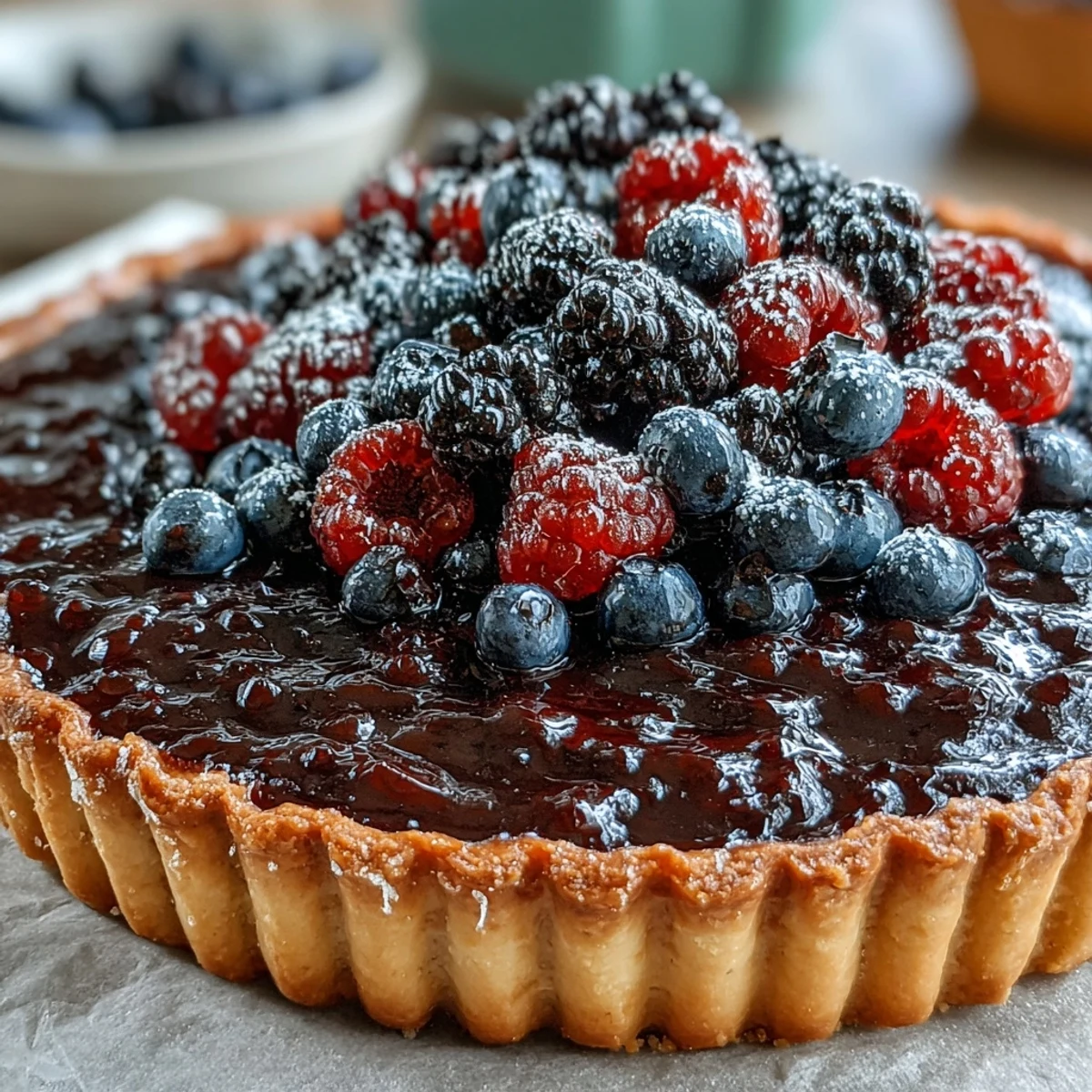 Freshly baked Black Currant Fruit Tart with a golden, buttery crust showcases luscious dark purple curd and vibrant berries.