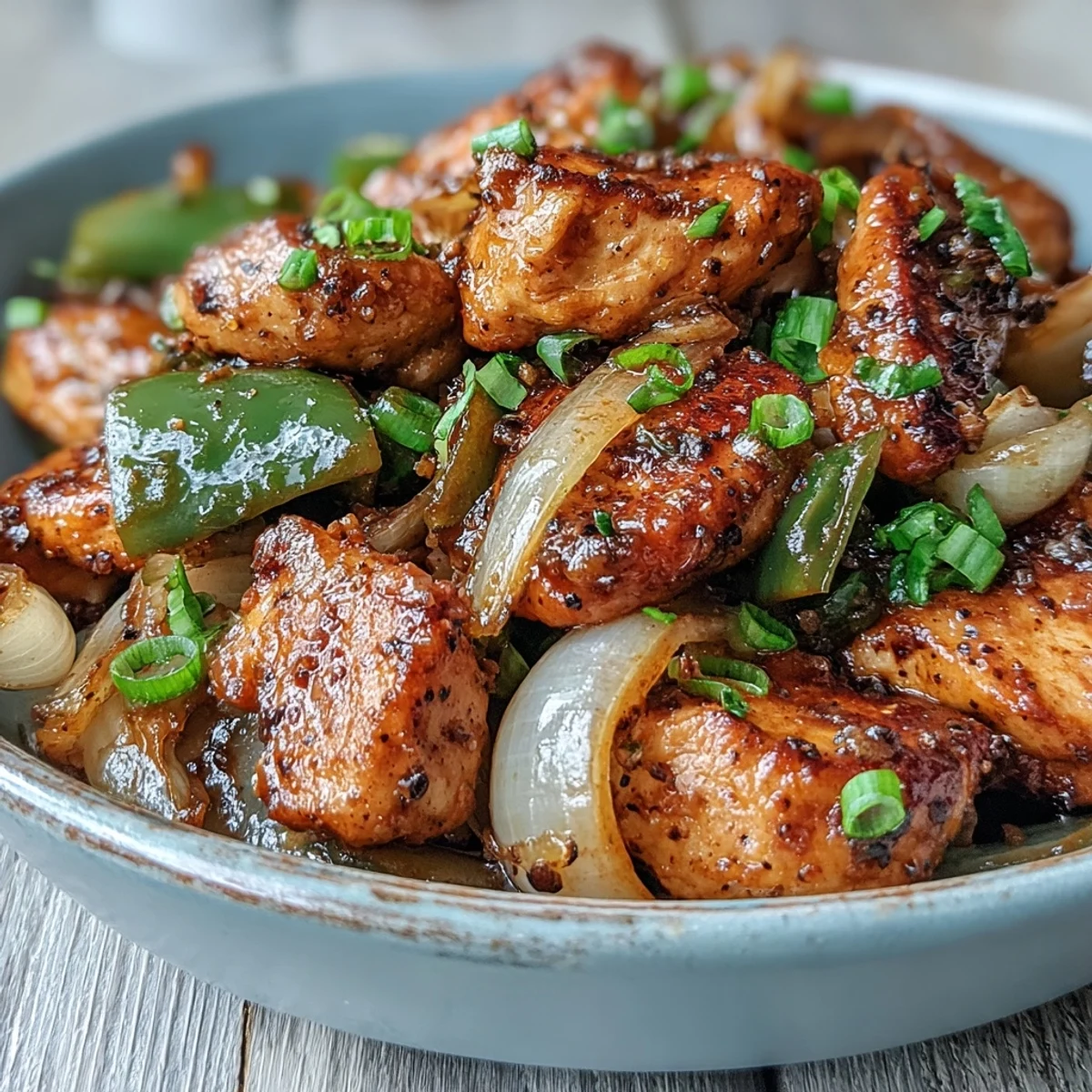 Black Pepper Chicken stir-fry in a skillet with a glossy, peppery sauce and fresh garlic.
