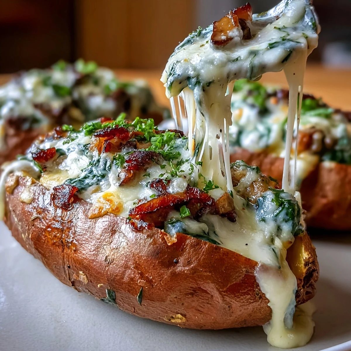 Golden-brown Creamy Mushroom and Spinach Stuffed Sweet Potatoes fresh from the oven, topped with bubbly melted cheese.