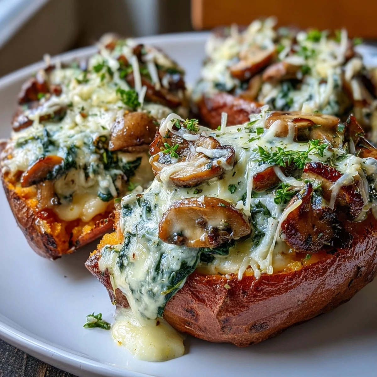 Served hot on a plate, these gluten-free stuffed sweet potatoes make a cozy family dinner or meal prep option.