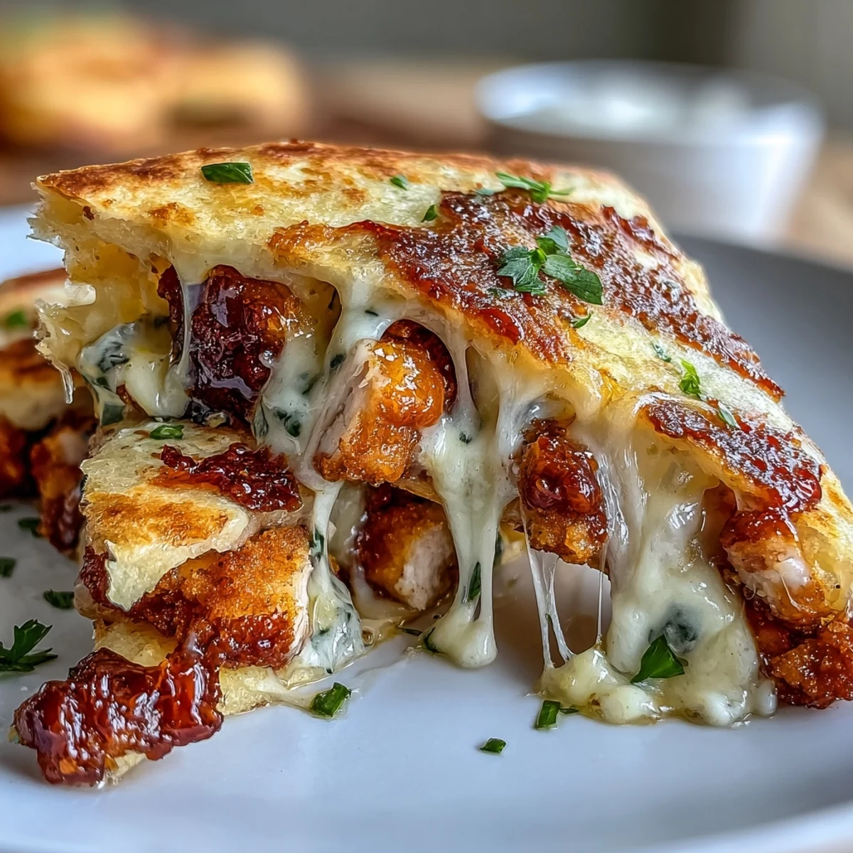 Golden-brown Cheesy Hot Honey Chicken Quesadillas stuffed with melted cheddar and Monterey Jack, served with a vibrant jalapeño cream sauce for dipping.
