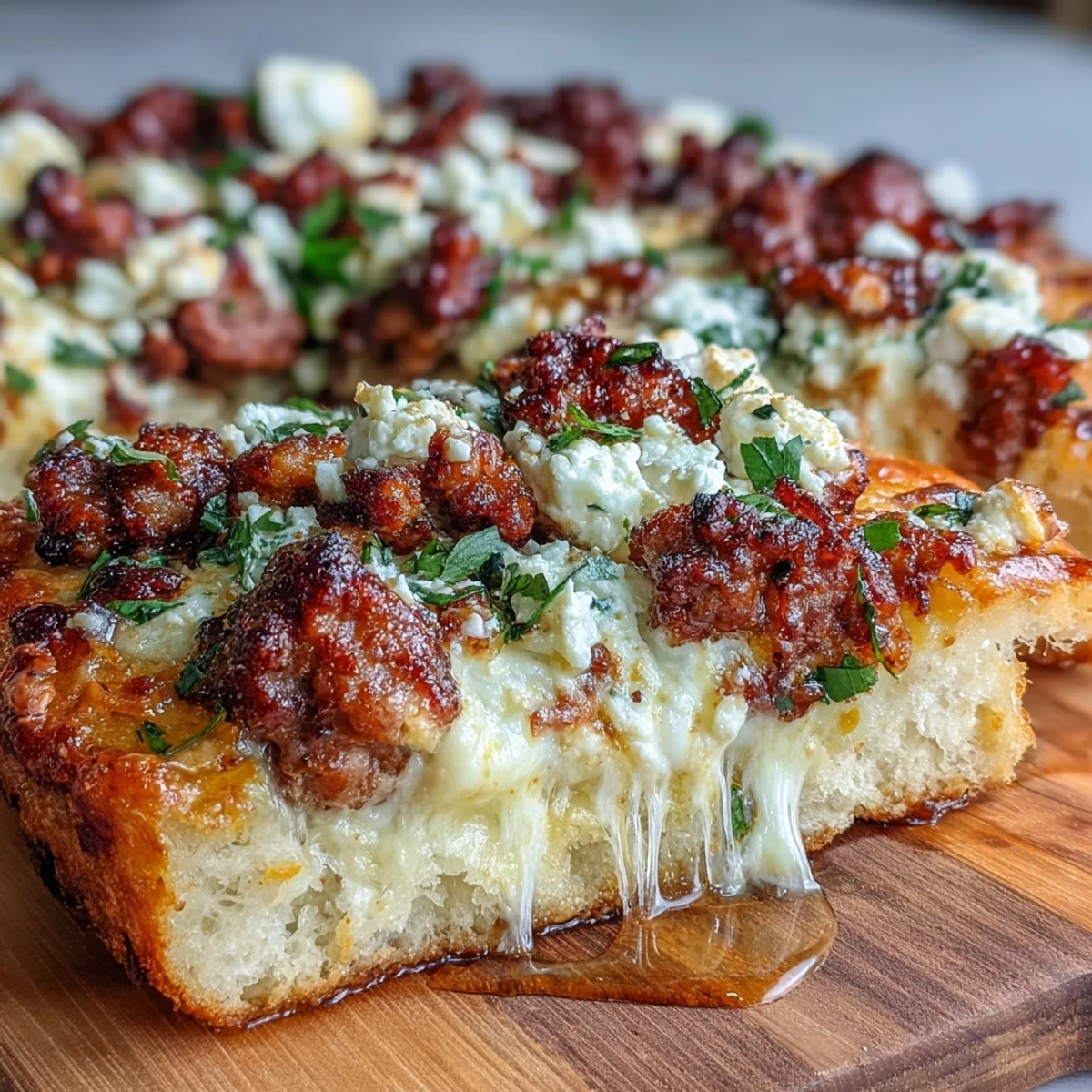 Hot Sausage Feta Honey Pizza with spicy sausage crumbles and creamy feta on a golden, crispy crust.