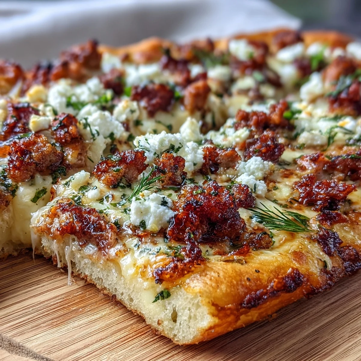 A close-up of Hot Sausage Feta Honey Pizza, bubbling mozzarella with a sweet hot honey drizzle.