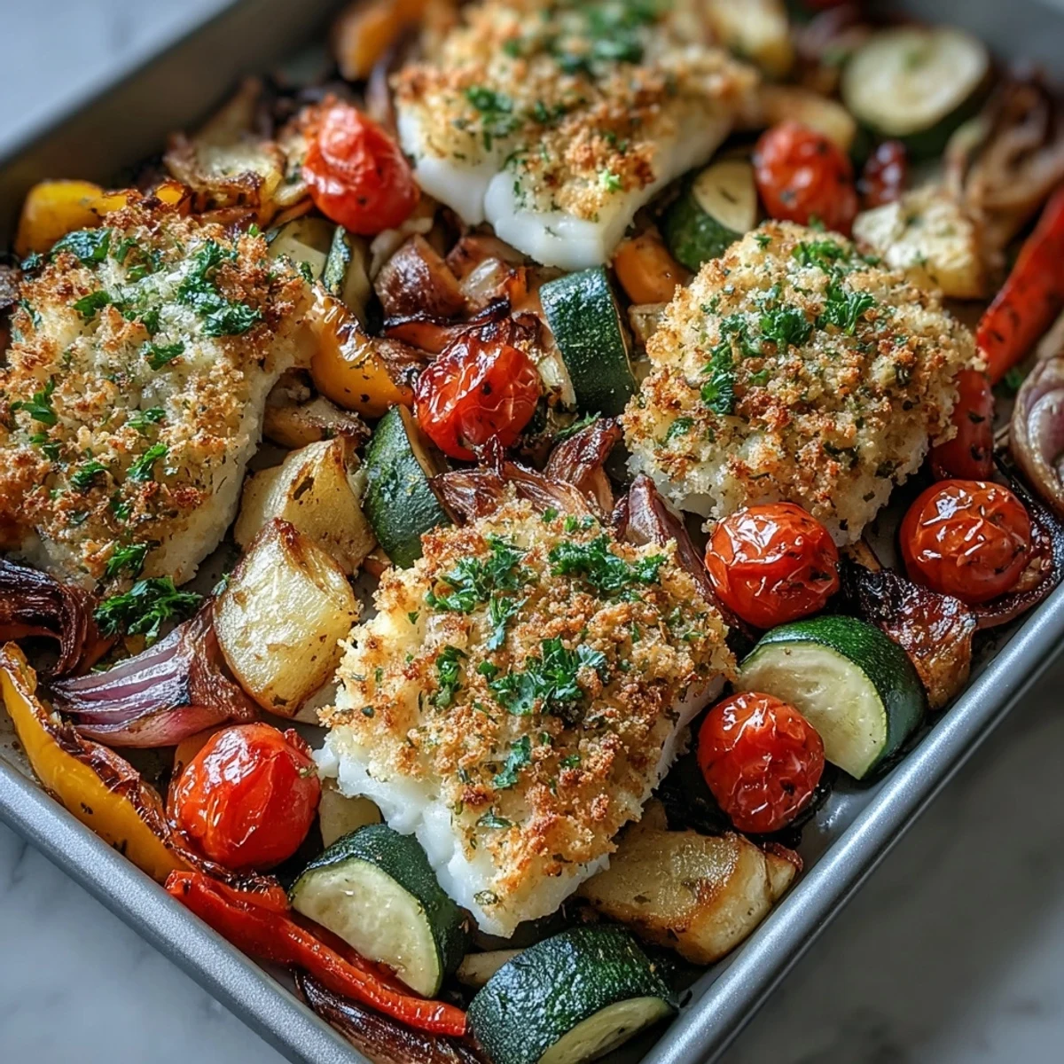 Golden Parmesan Crusted Sheet Pan Fish & Veg with roasted cod fillets and colorful bell peppers on a rustic table.