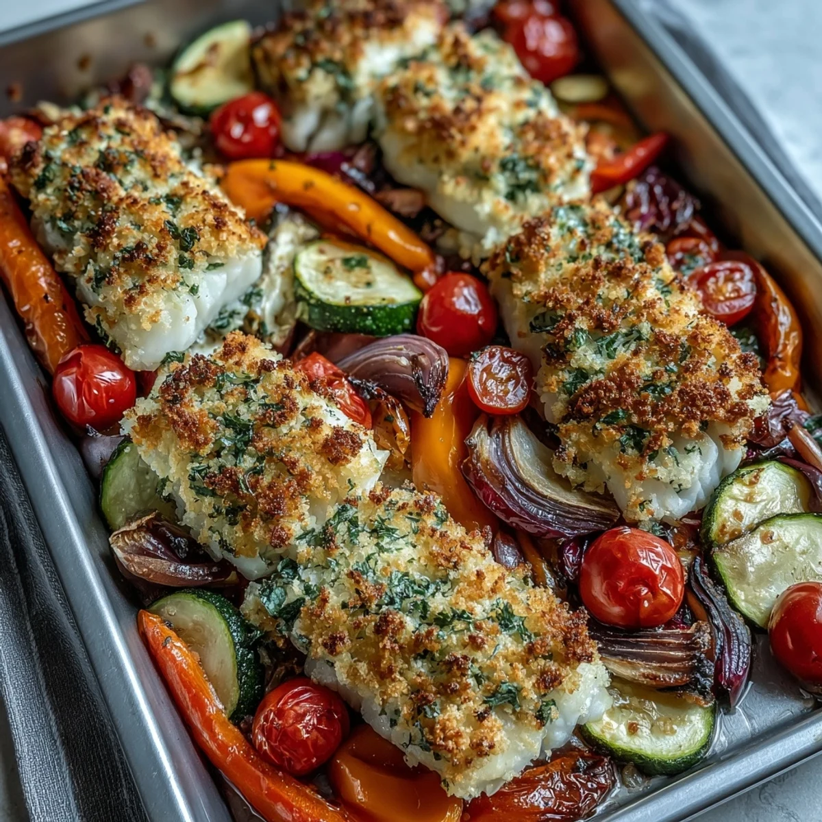Freshly baked Parmesan Crusted Sheet Pan Fish & Veg served with lemon wedges, perfect for a quick weeknight family dinner.