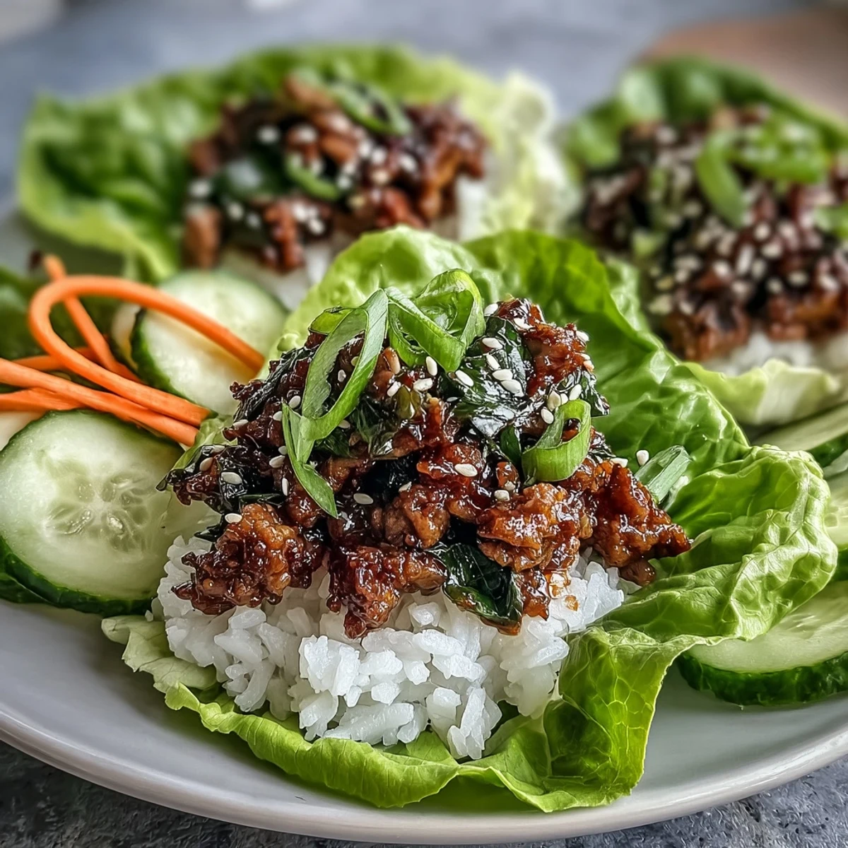 A colorful bowl of sesame turkey lettuce wraps over rice, garnished with green onions and sesame seeds.