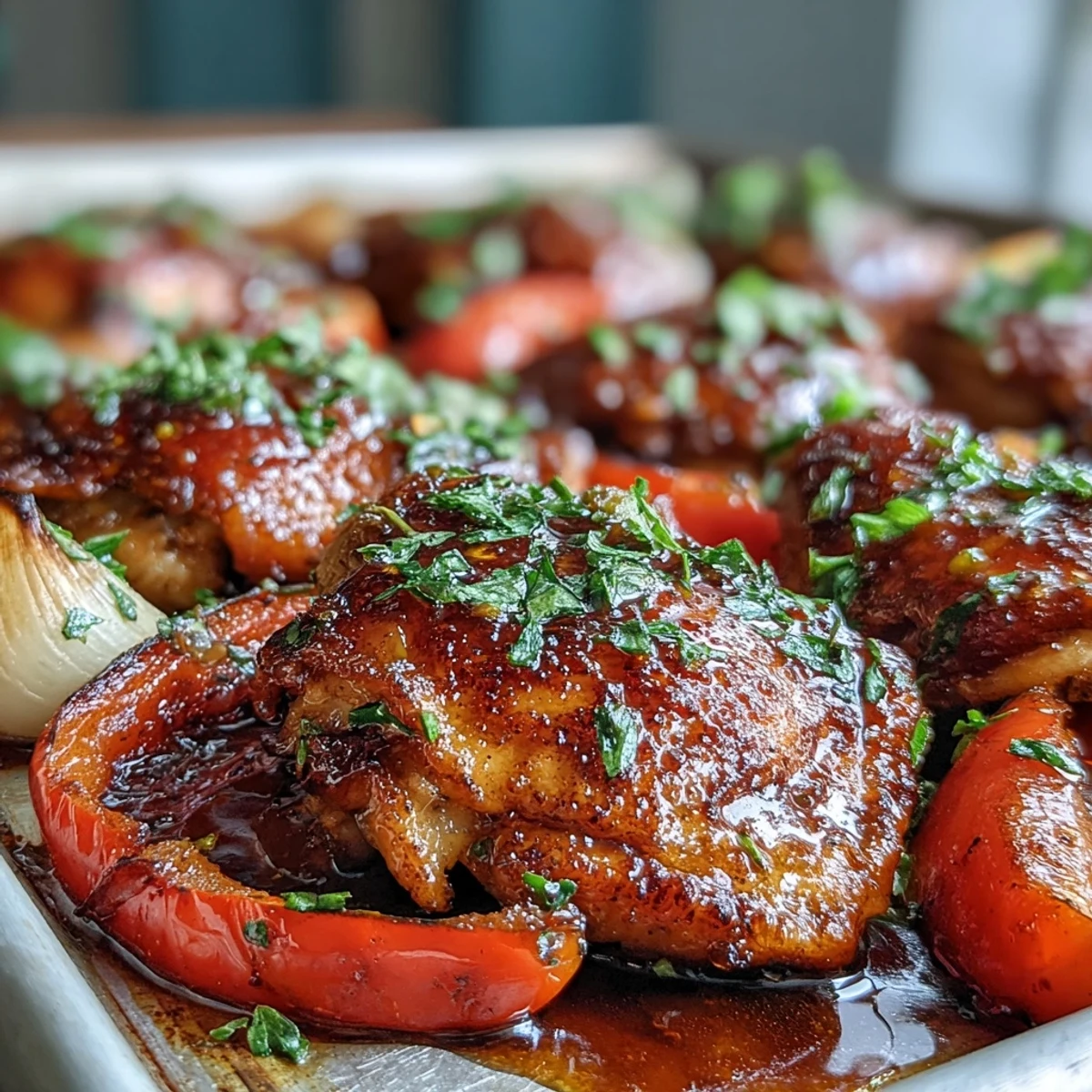 Tender chicken and peppers in a sweet honey garlic sauce, baked on a single pan with toasted naan for minimal cleanup.